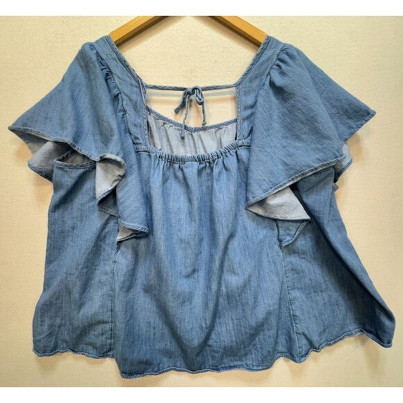 Old Navy Women Chambray Flutter Blouse Denim Sz 3X Blue Lightweight Short Sleeve - Picture 2 of 12